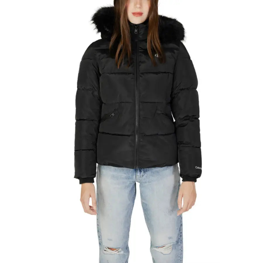 Calvin Klein Jeans Black Puffer Jacket with Fur-Trimmed Hood and Zipper Closure for Women