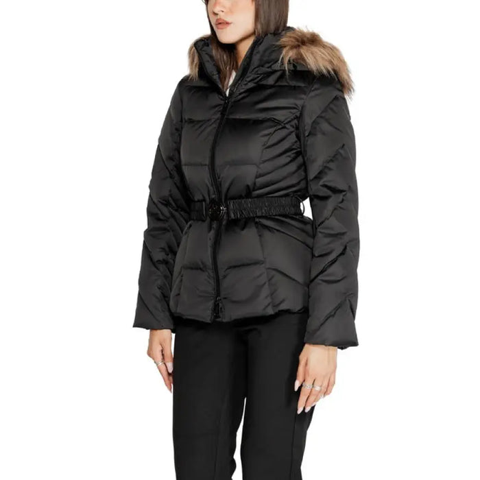 Black puffer jacket with fur-trimmed hood and belted waist by Guess Women