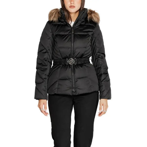 Black puffer jacket with fur-trimmed hood and belted waist from Guess Women