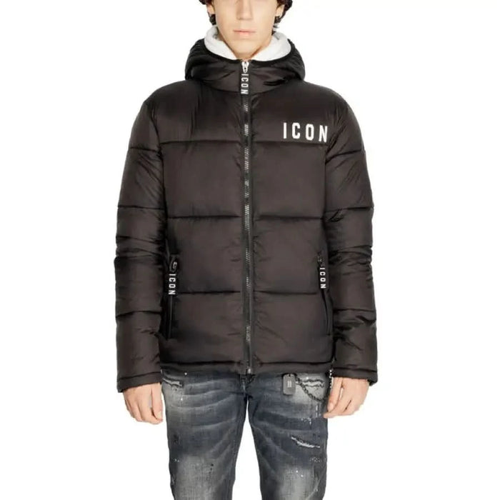 Black puffer jacket with ICON text on chest from Icon Men Jacket collection