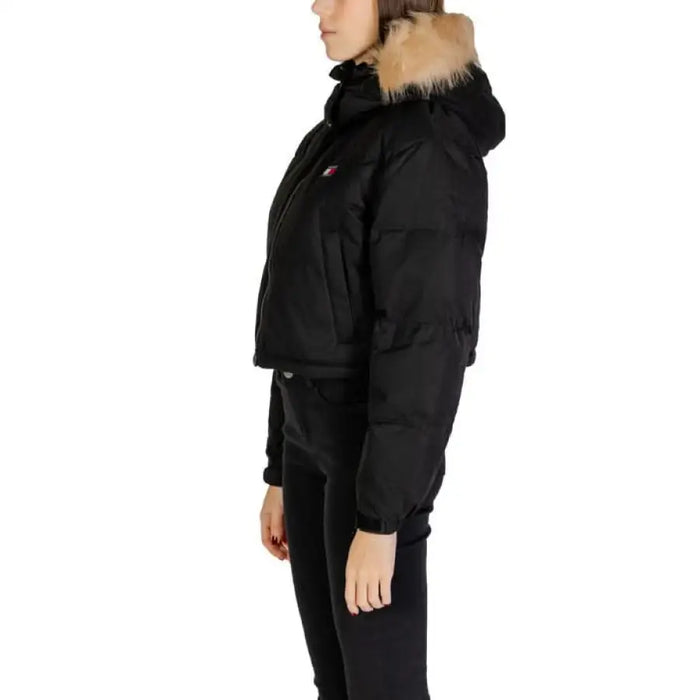 Black puffer jacket with fur-trimmed hood from Tommy Hilfiger Women Jacket collection