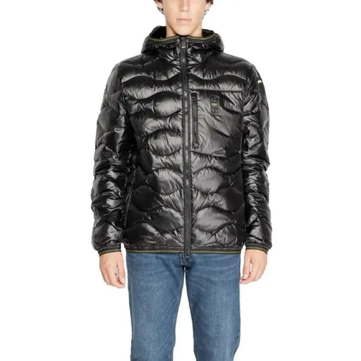 Black puffy winter jacket with hood and zipper from Blauer Men Jacket collection