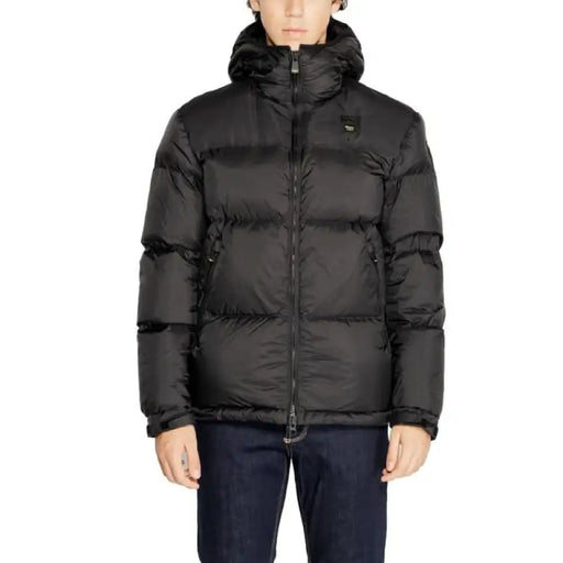 Black puffy winter jacket with hood and zipper from Blauer Men Jacket collection