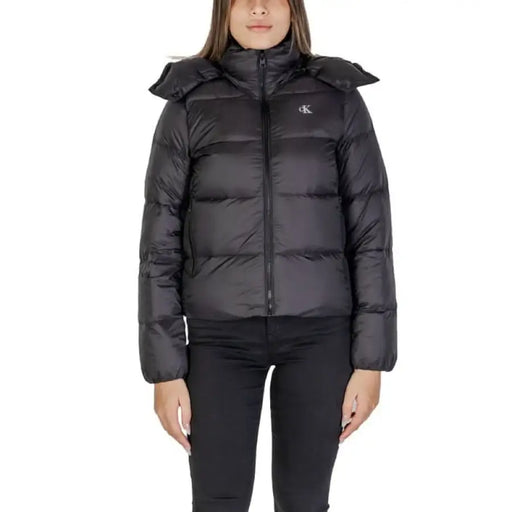 Black puffy winter jacket with hood and zipper from Calvin Klein Jeans for women