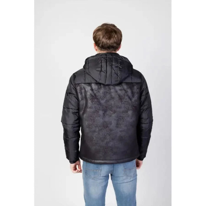 Black puffy winter jacket with hood, displayed from the back, Ea7 Men Jacket