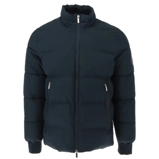 Black puffy winter jacket featuring a high collar and zippered pockets for men