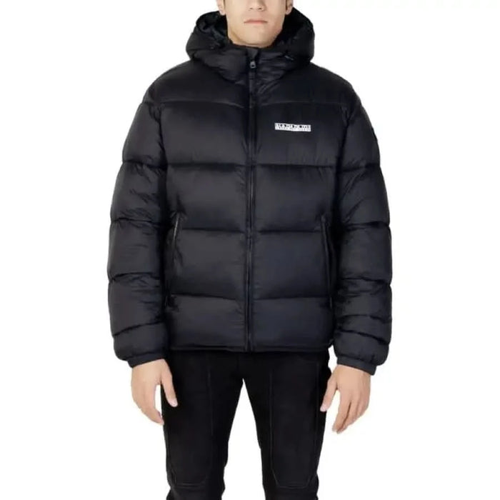 Black puffy winter jacket with hood and zipper closure from Napapijri for men