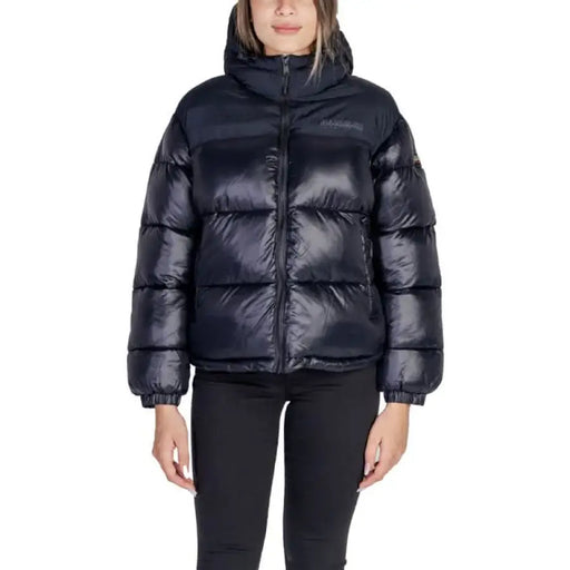 Black puffy winter jacket with hood and zipper from Napapijri for women