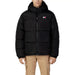 Black puffy winter jacket with hood featuring Tommy Hilfiger logo for men