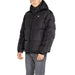 Black puffy winter jacket with hood and Tommy Hilfiger logo for men