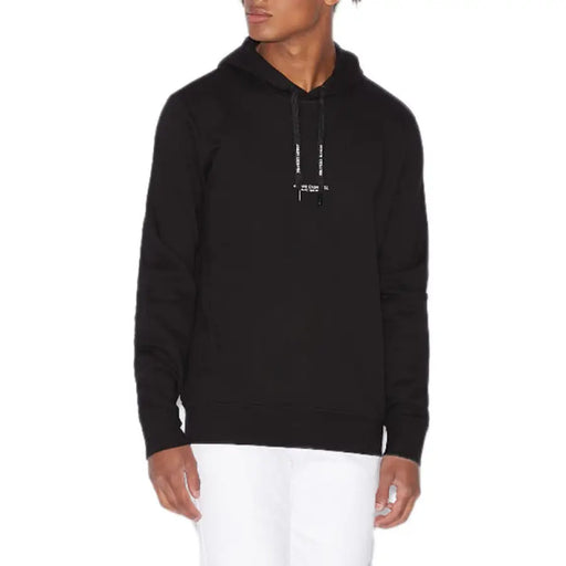 Black Armani Exchange pullover hoodie featuring minimal text design on the chest