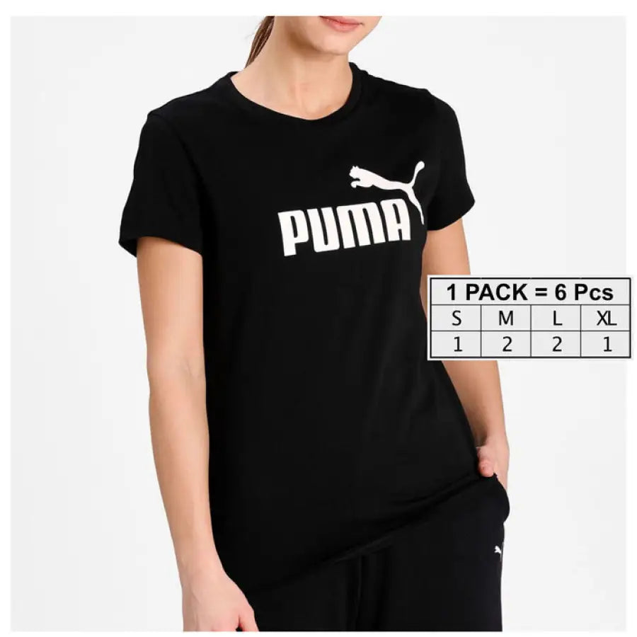 Black Puma T-shirt with white logo and text on front for women, product name Puma