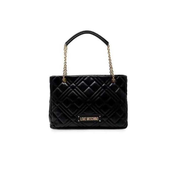 Black quilted handbag with gold chain strap and Love Moschino branding for women