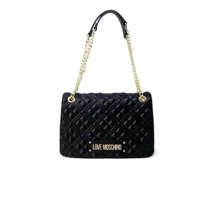 Black quilted Love Moschino handbag with gold chain straps and logo branding