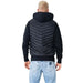 Black quilted hooded jacket on a person, featuring Armani Exchange branding