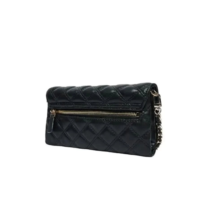 Black quilted leather handbag with chain strap and zipper details by Guess Women Bag