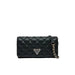 Black quilted leather clutch purse with chain strap and triangular logo from Guess