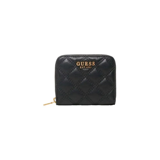 Black quilted leather wallet with gold Guess logo and zipper closure for women