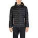 Black quilted puffer jacket with hood and gold zipper accents by Alviero Martini Prima Classe