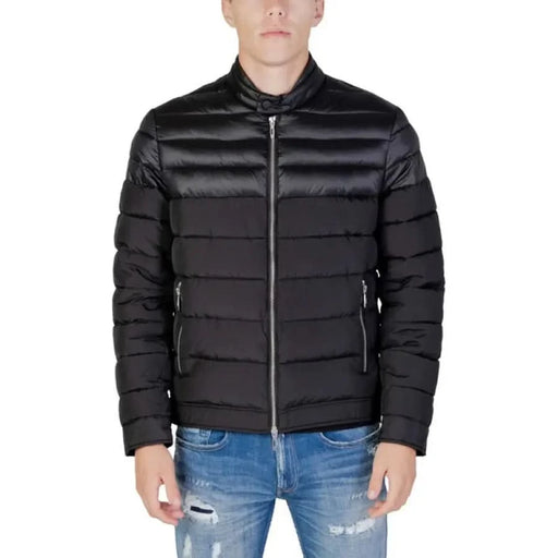 Black quilted puffer jacket with full-length zipper and stand-up collar by Antony Morato