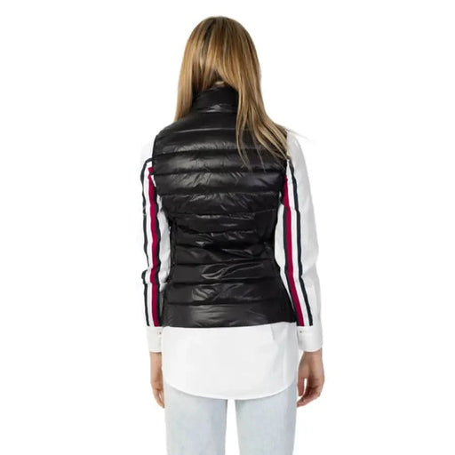 Armani Exchange Women Jacket: Black quilted puffer vest over white shirt with red/navy stripes