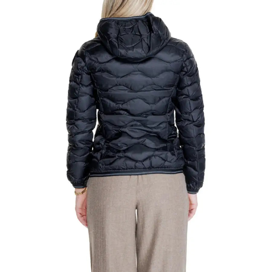 Blauer Women’s black quilted puffer jacket with a hood, view from the back