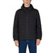 Black quilted puffer jacket with hood and zipper closure featured in men’s fashion collection