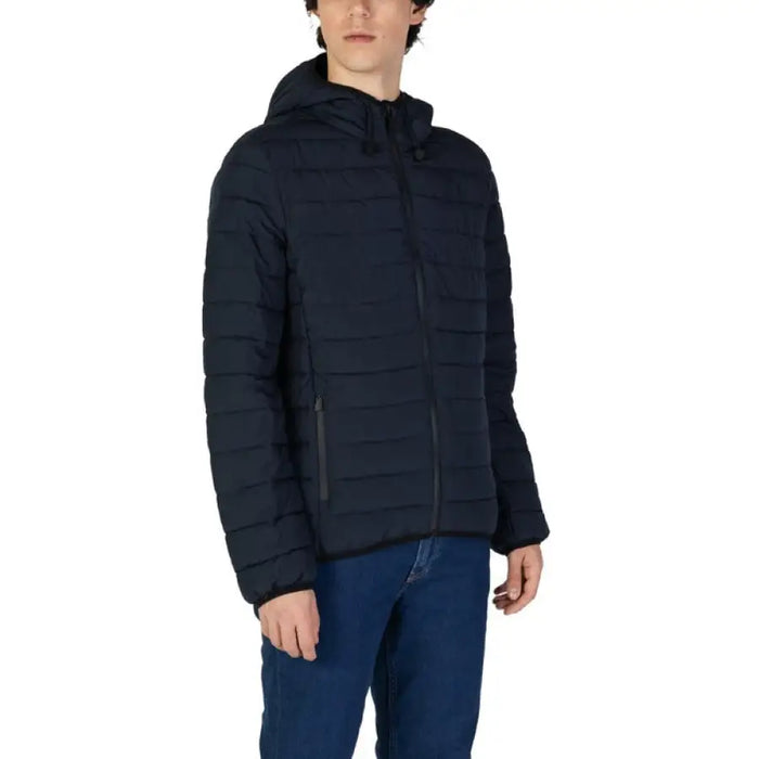 Black quilted puffer jacket with hood and zip front, featured in Blue Turtleneck Hooded Jacket for Men