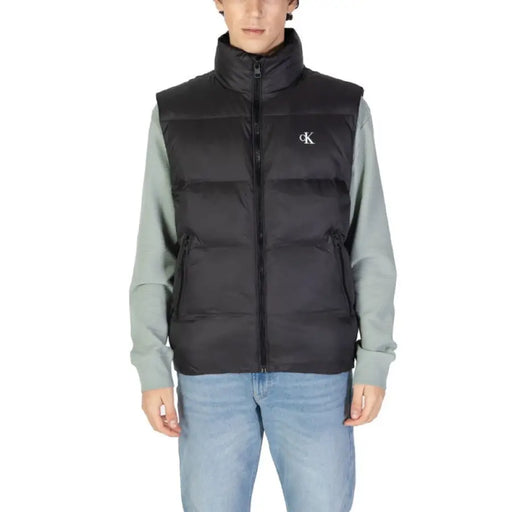 Black quilted puffer vest featuring Calvin Klein logo from Calvin Klein Jeans collection