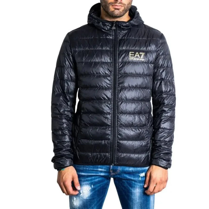 Black quilted puffer jacket with hood and EA7 logo for men from EA7 brand