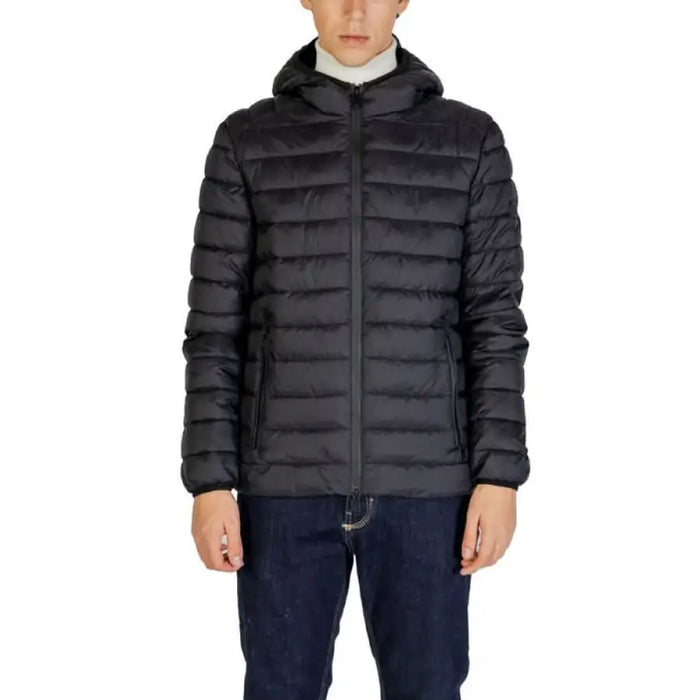 Black quilted puffer jacket with hood and zipper from Gianni Lupo Men Jacket collection