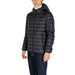 Black quilted puffer jacket with a hood and zip front by Gianni Lupo Men Jacket