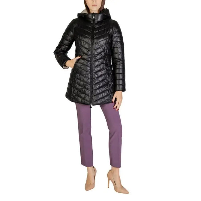 Black quilted puffer coat with chevron stitching and a hood by Sandro Ferrone for women