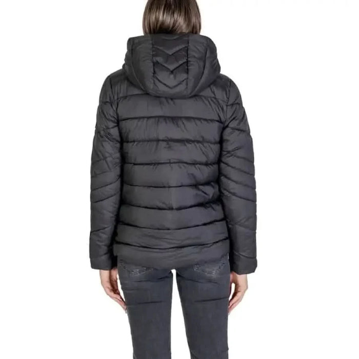 Black quilted puffer jacket with hood displayed from the back by Street One