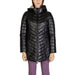 Black quilted winter parka with chevron stitching and hood by Sandro Ferrone