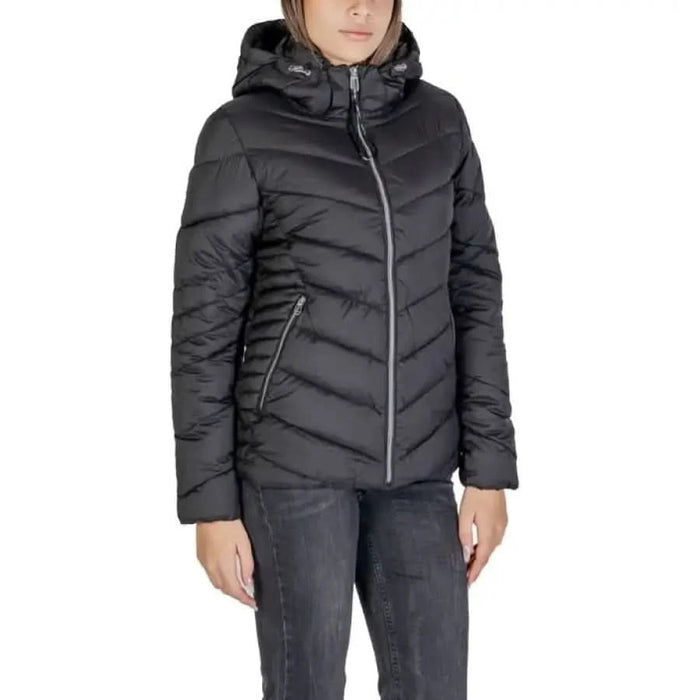 Black quilted winter puffer jacket with hood and diagonal stitching by Street One