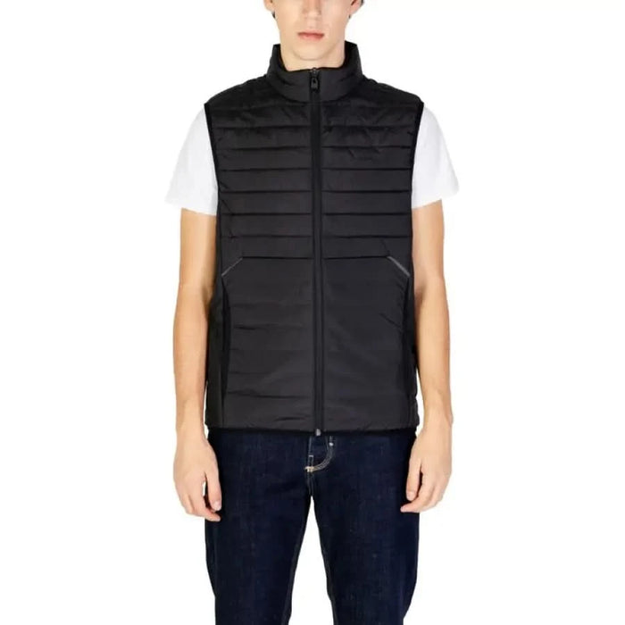 Black quilted zip-up vest over white t-shirt in Boss Men Jacket product image