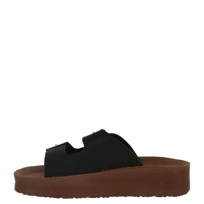 Carrera Women Slippers - Black sandal with thick brown sole and adjustable straps