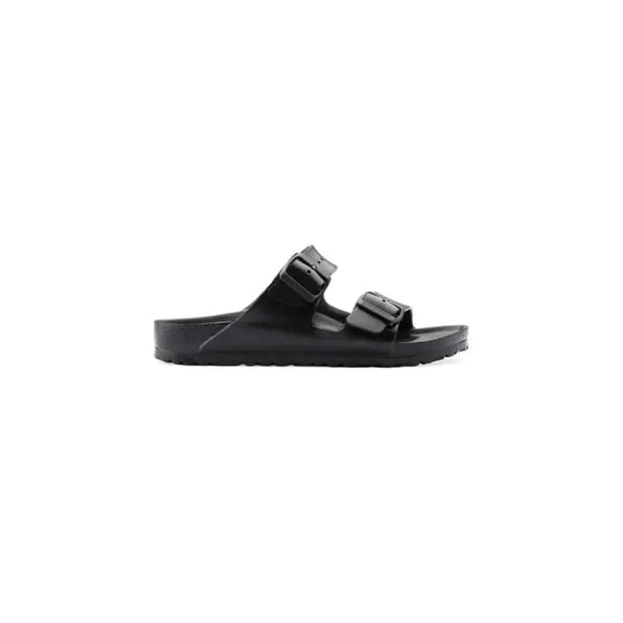 Black Birkenstock Men Slippers featuring adjustable straps and a contoured footbed