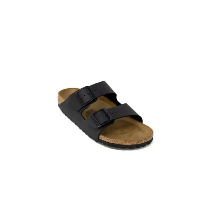 Black Birkenstock sandal with adjustable straps and cork footbed for women