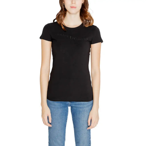 Black short-sleeved Armani Exchange Women T-Shirt worn by a person with long brown hair