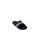 Black slide sandal featuring a gray and white branded strap by Emporio Armani