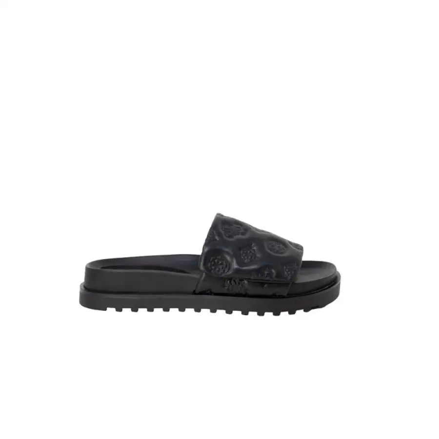 Guess Women Slippers: Black slide sandal with textured strap and chunky sole