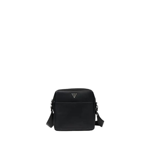 Black square crossbody bag featuring triangular logo from Guess Men’s collection