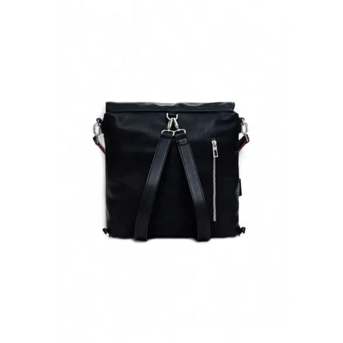 Black square-shaped backpack by Desigual featuring multiple zippers and straps