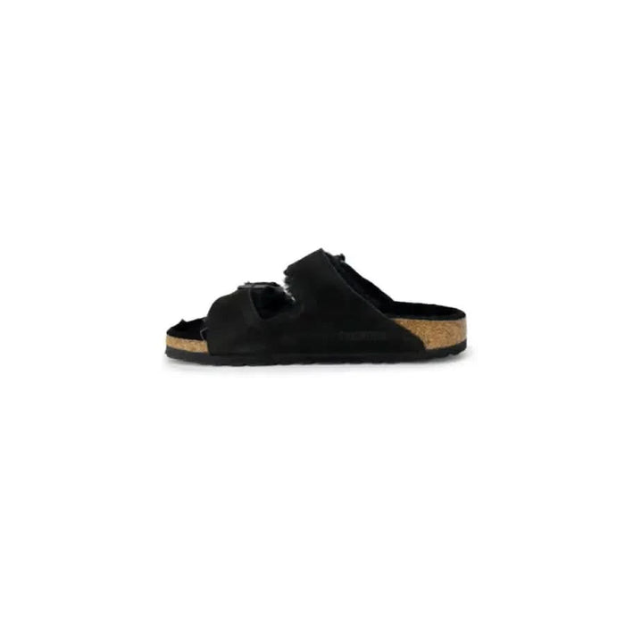 Black suede Birkenstock sandal with cork footbed and two adjustable straps - Women Slippers