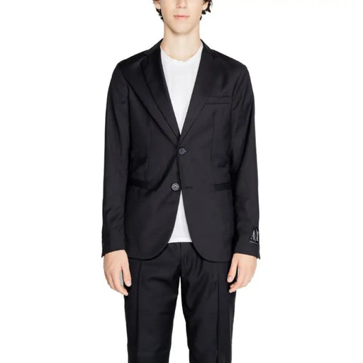 Black suit jacket layered over a white t-shirt from Armani Exchange Men Blazer