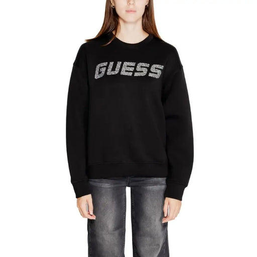 Black Guess Active sweatshirt featuring silver lettering across the chest for women