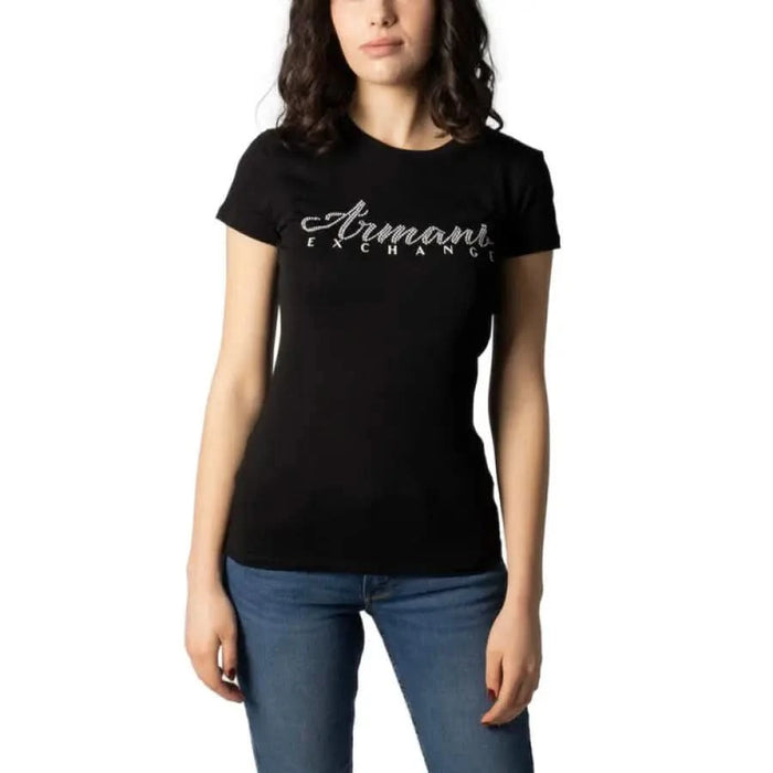 Black Armani Exchange T-Shirt with Silver ’Armani Exchange’ Logo for Women