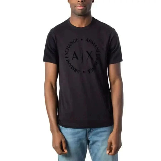 Black Armani Exchange Men T-Shirt with Circular ’A|X’ Logo and Text Design